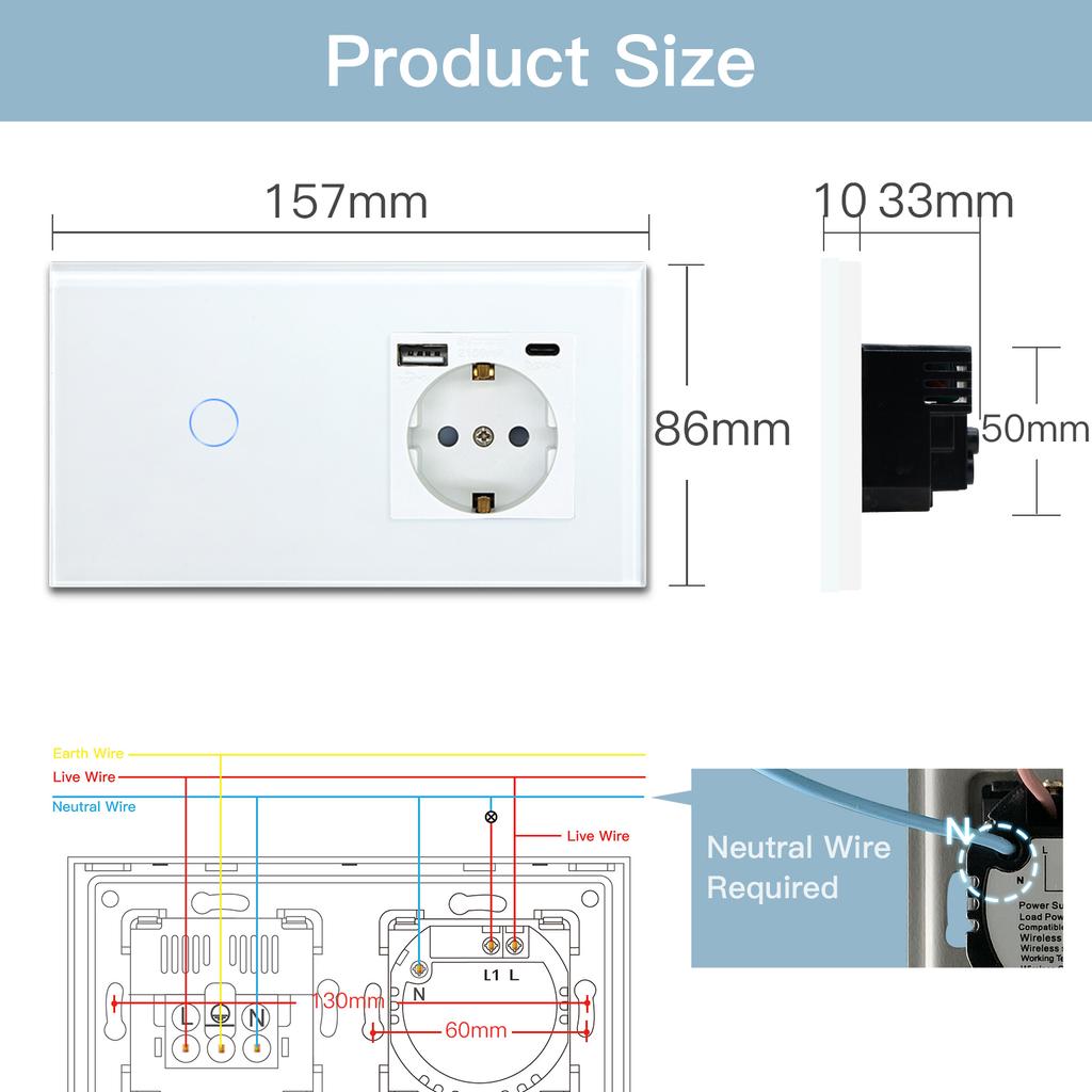 BSEED Zigbee 1Gang Light Switches 1/2/3Way Tuya Smart Life App Control Plus EU Socket USB Type-c Power Outlets Glass Panels