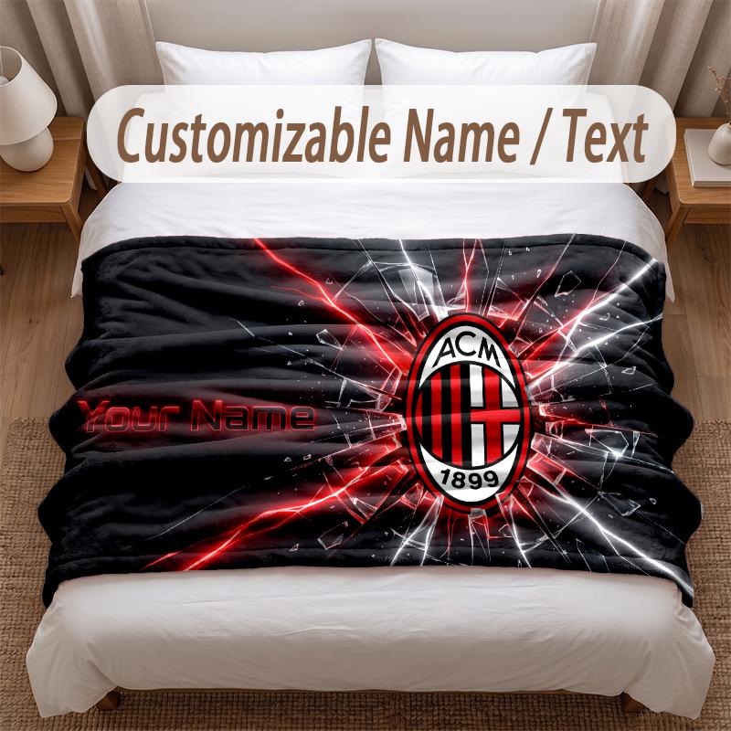 AC Milan Printed Flannel Blanket Custom Name Text Soft Warm Throw For Bedroom Holiday Gift