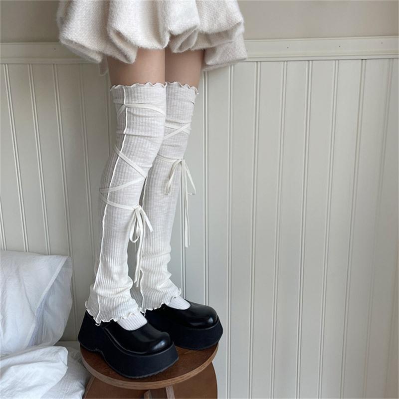 Japanese Ribbed Thigh High Leg Warmers Lace Up Bandages Over Knee Flared Leg Covers Ruffle Trim Footless Socks for Women