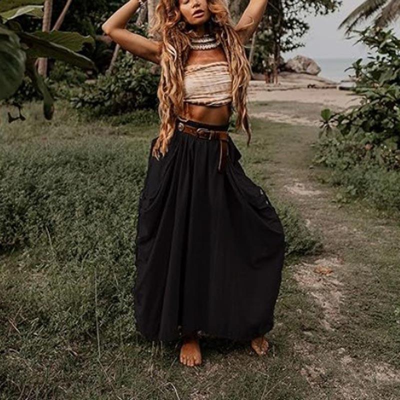 Women's Casual Half Skirt 2024 Drawstring Large Pockets Boho Loose Organic Cotton Long Skirt