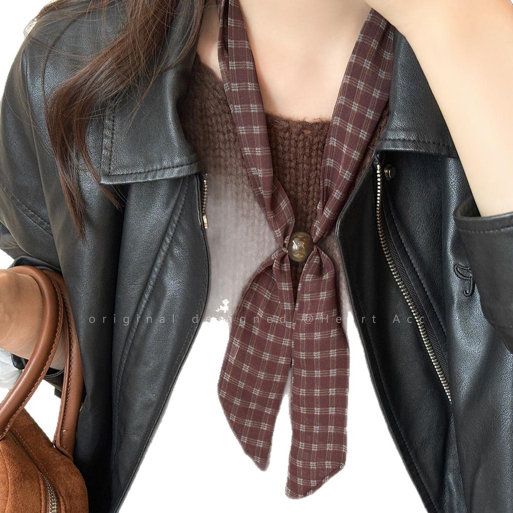 Retro plaid silk scarf women's cashew nut beaded pullable niche neck scarf accessories new design neck accessories