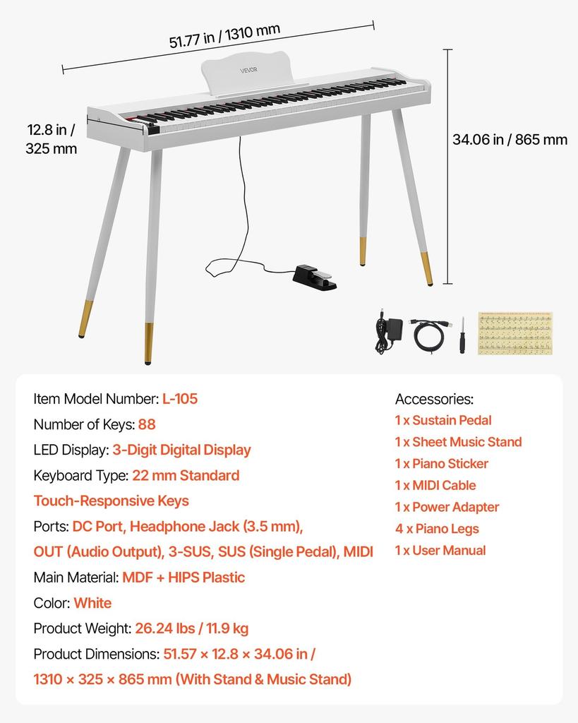 Digital Piano 88 Keys Semi Weighted Full Size Keyboard Stand White, for Beginners, 600 Tones, 600 Rhythms, Electric Piano, with Sustain Pedal,