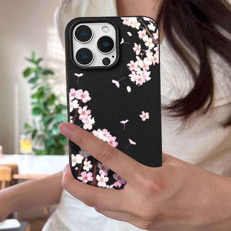 Pink Peach Blossoms Floral Pattern Case For iPhone 17 Pro Max Funda iPhone 16 Pro Max 15 14 13 12 11 Air 16E Leather Texture Silicone Cover