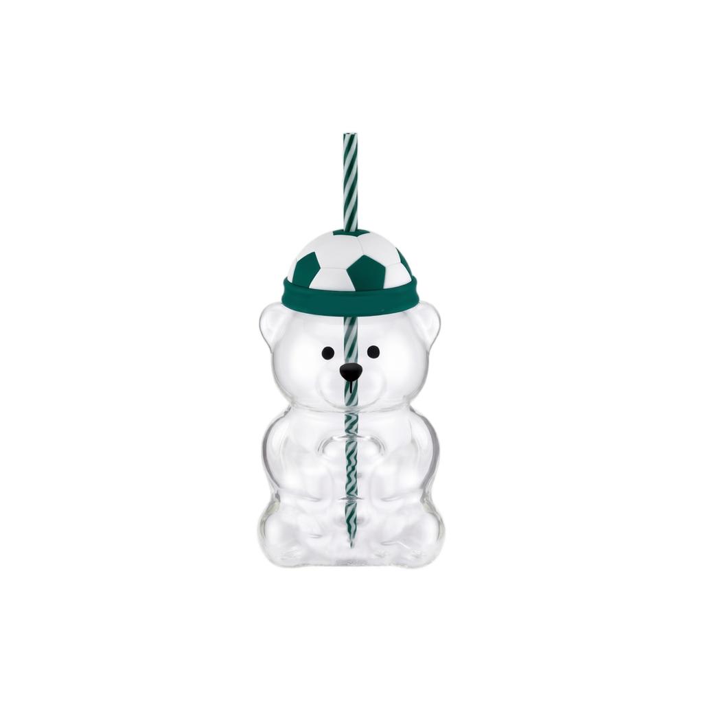 Reusable Glass Straw Cup with Bear-Shaped Body and Removable Lid Featuring Sports-Themed Design Suitable for Cold and Hot Beverages