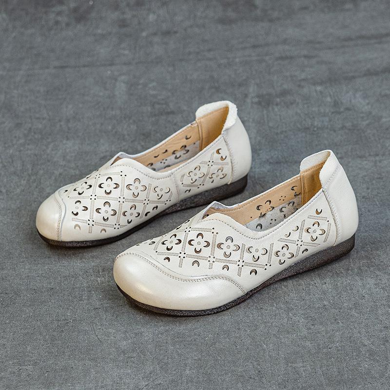 The first layer of cowhide new hollow women's single shoes retro flat heel soft sole non-slip one pedal breathable hole women cool
