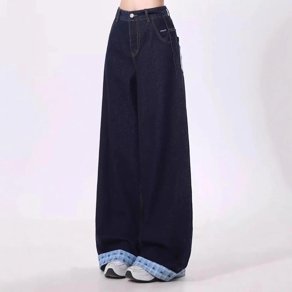 Women's Retro Bow Plaid Cuffed Jeans: High Street Loose Wide-Leg Pants for Spring and Autumn