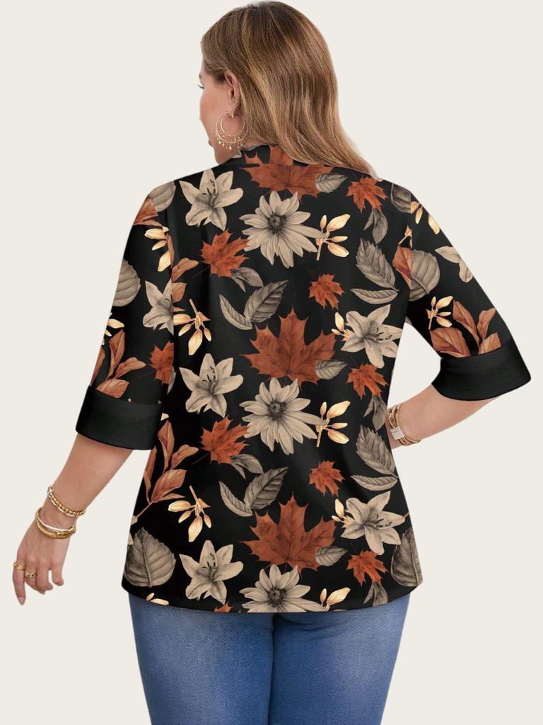 2025 Plus Size Floral Print Casual Two-Piece Seven-Sleeve Top for Women