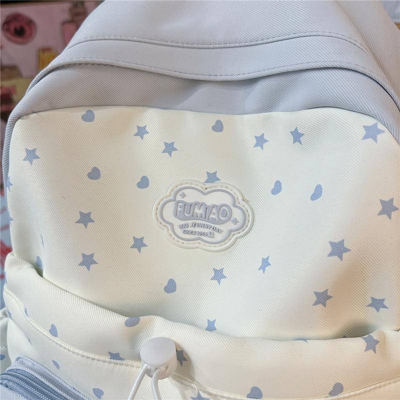 Süßer Nylon-Rucksack für Damen – Kawaii Stern & Punkt Muster Schultasche mit mehreren Taschen und verstellbaren Trägern, Perfekt für den täglichen Gebrauch