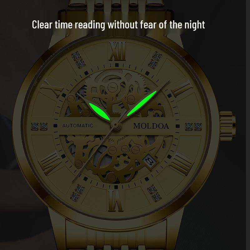 Herren Trendige Wasserdichte Automatische Mechanische Uhr mit Leuchtanzeige und Kalender