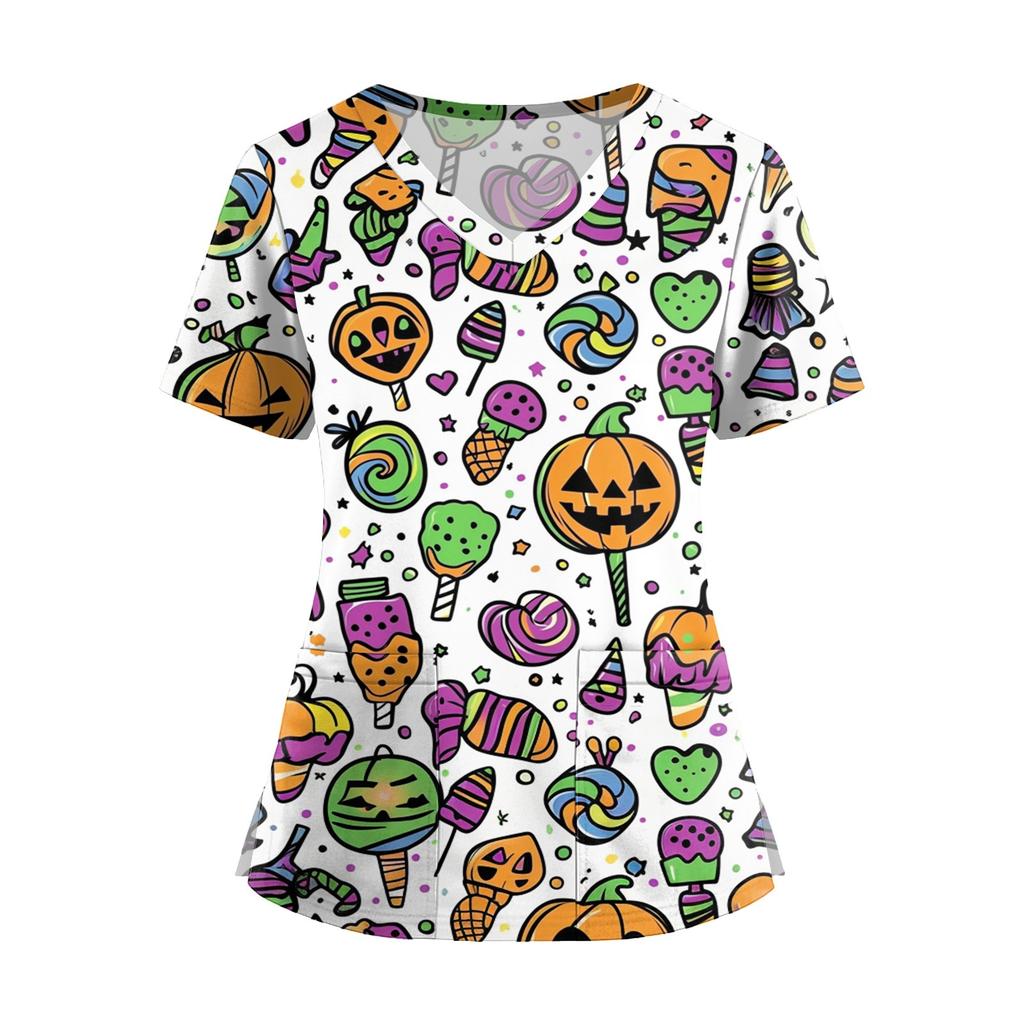 Dámská móda Overal s krátkým rukávem a výstřihem do V s kapsami Potisk Topů Oblečení