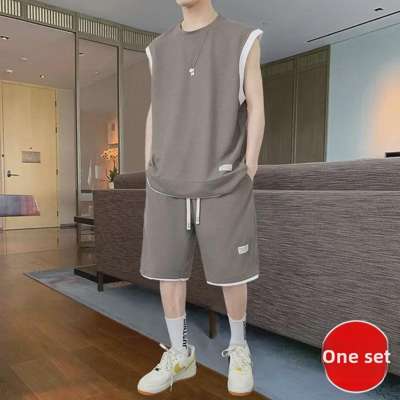 Trendy Waffel Zweiteiliges Casual Set für Herren - Kurzarmweste & Shorts