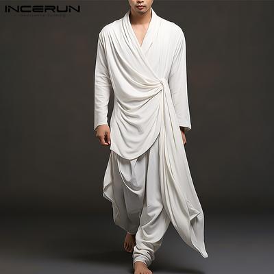 Men Long Sleeve Ruffled Irregular Tops and Long Pants 2PCS Kung Fu Sets