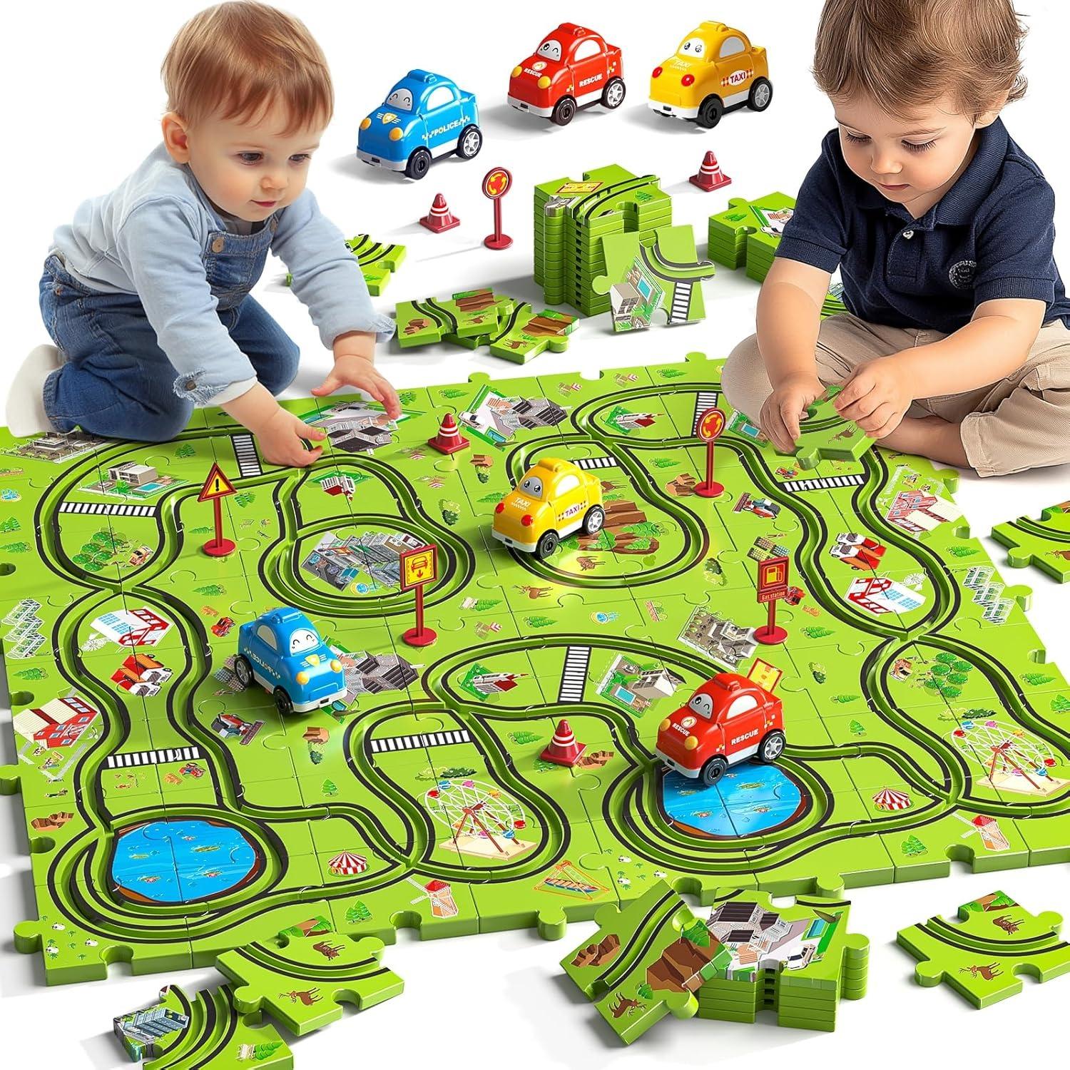64 Pieces Puzzle Race Track Car Set Toys for 3 4 5 6 Year Old Boys - Puzzle Tracks Car Toys for Kids Ages 3-5 with 4Sliding Toy Cars, City-Themed City Cars зелёный
