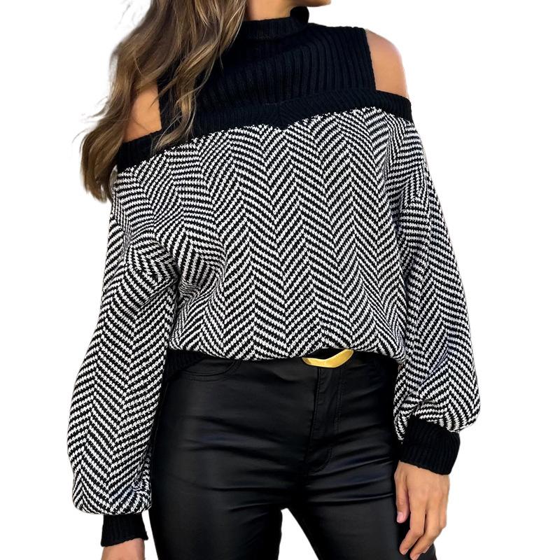 2026 Fall/Winter Retro Striped Off-Shoulder Lantern Sleeve Sweater for Women