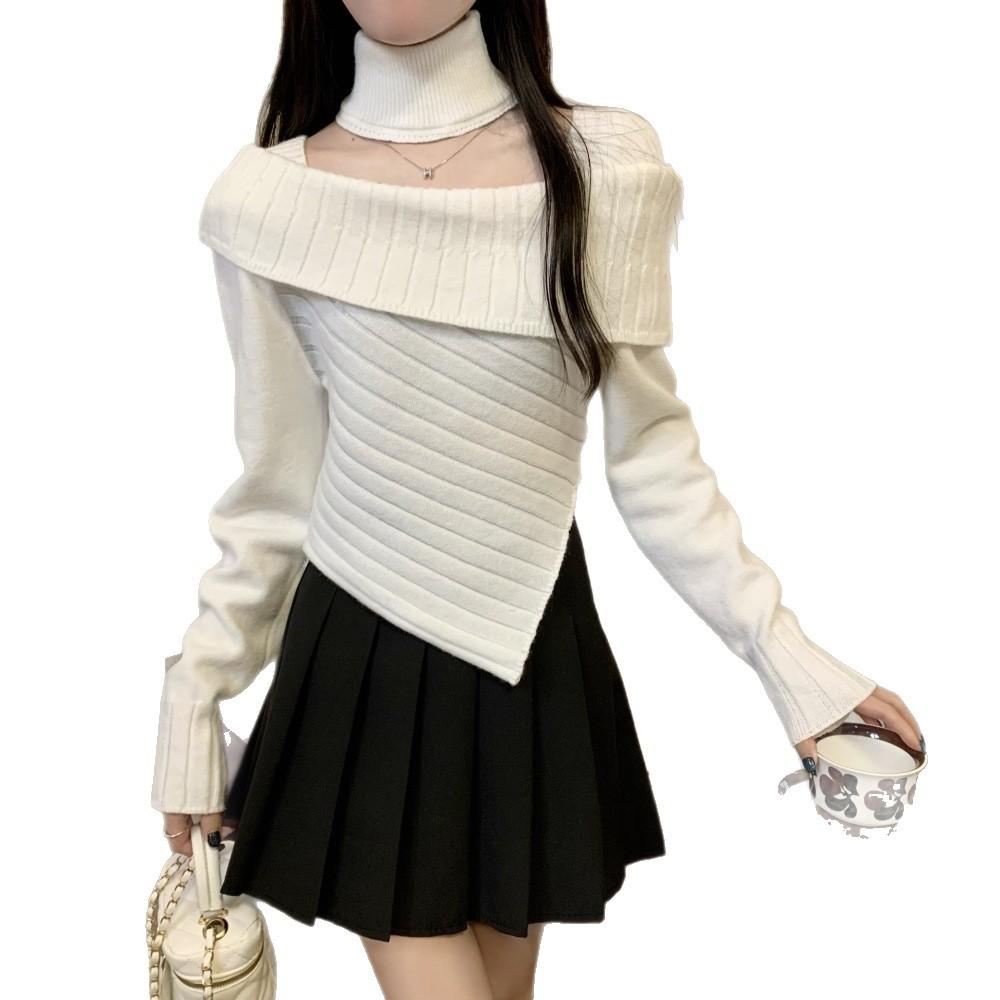 Sweet and Spicy Irregular Neck Cover Sweater Square Collar Careful Hanging Neck White Knitted Autumn and Winter New Knitted Sweater