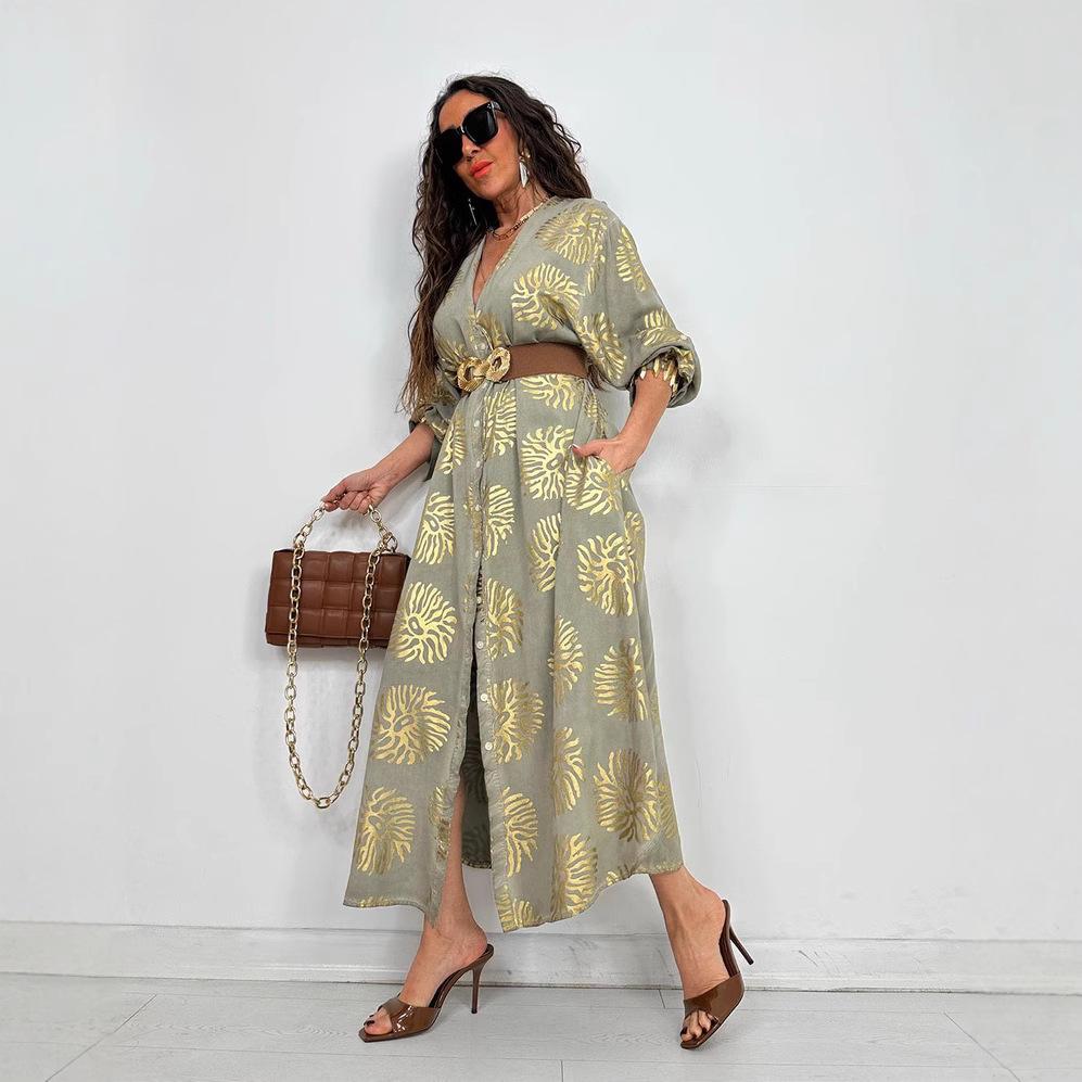 New Women's Lapel Printed and Gold-embossed Loose, Casual Long-sleeved Plum-sized Dress