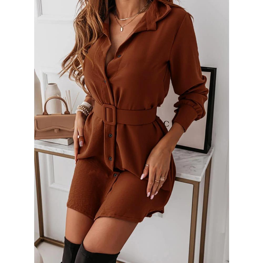 Abito Elegante e Aderente a Maniche Lunghe con Bavero, Cintura Monopetto per Autunno e Inverno