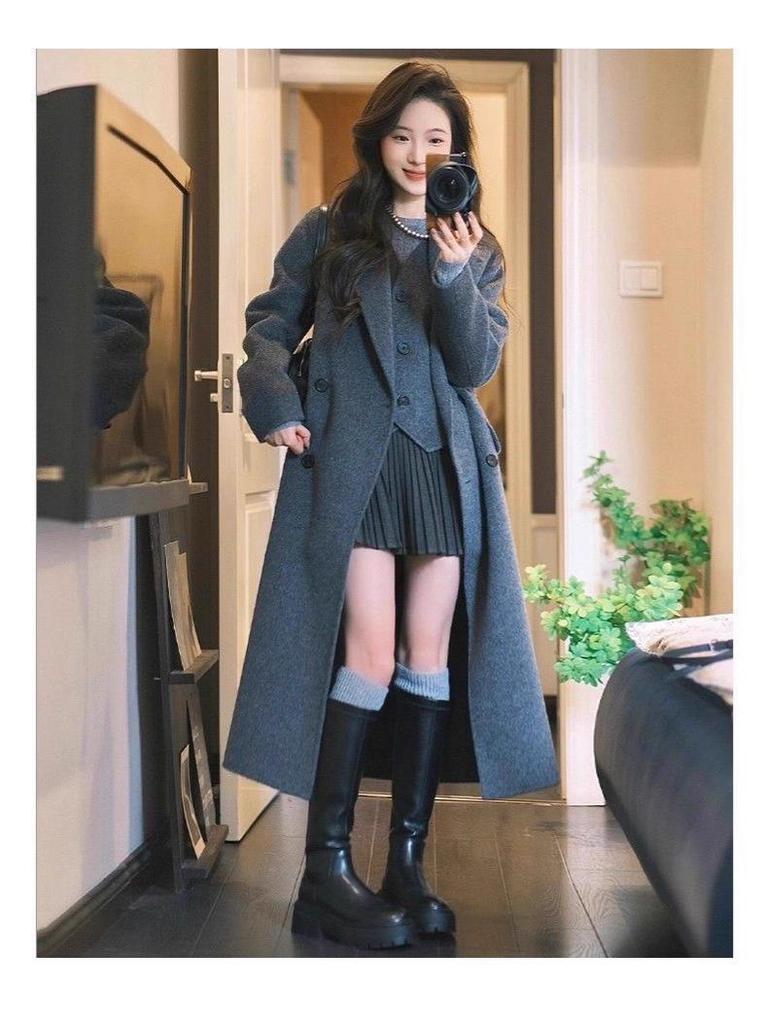 Miu-Style Dark Gray Wool Pleated Women's A-Line Skirt - 2025 New Thickened JK Style for Autumn/Winter