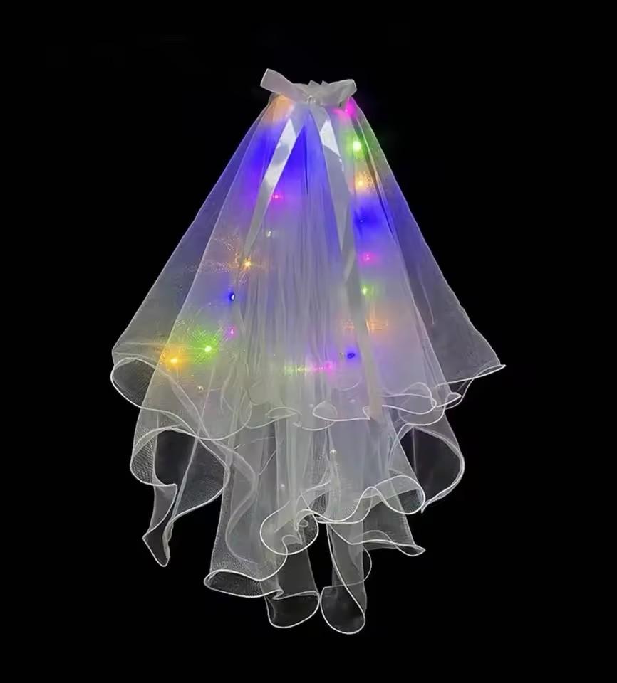 LED Light Bridal Wedding Veil with Pearls/Crowns Wedding Tiara Veil for Props Party Headpieces Decor Glowing Flash Veil