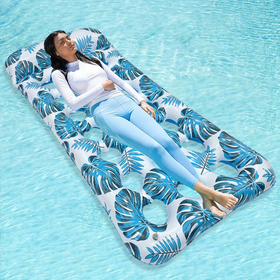 1pc Tropical Leaf Print Inflatable Pool Float Mat, Mesh Hole Water Floating Lounge Bed, for Summer Beach Party