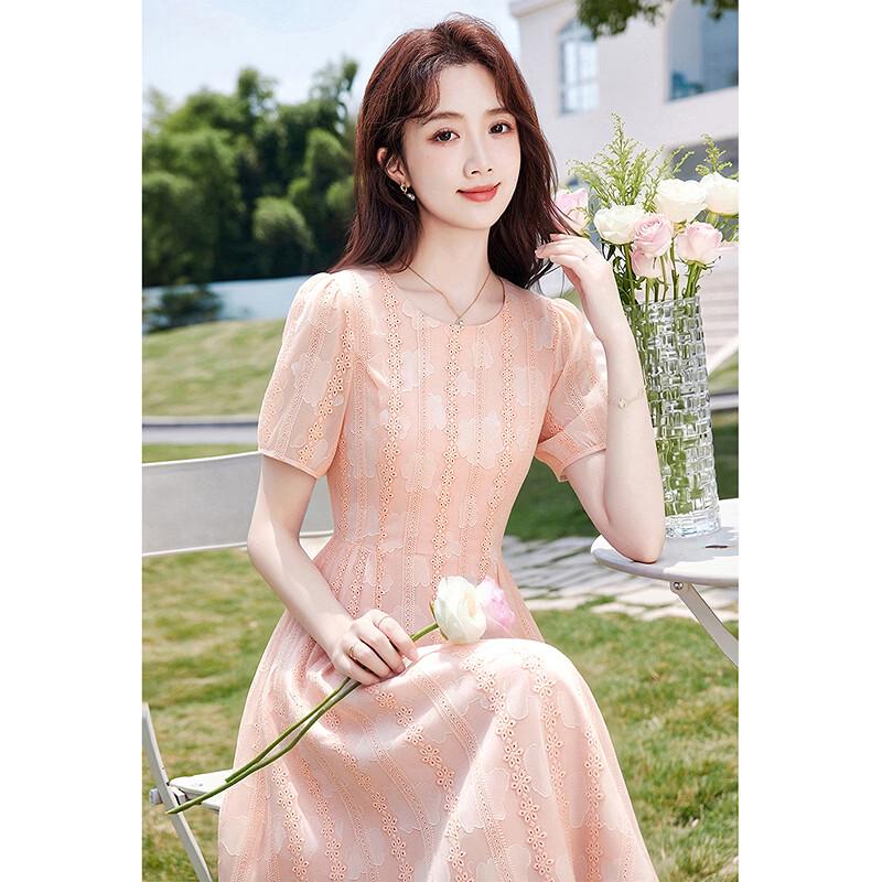 Sishui Nianhua Elegant Round Neck Short Sleeve Midi Dress L
