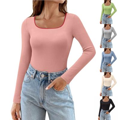 Womens Tops Long Sleeve Scoop Neck Slim Fit Ribbed Knit T Shirts Color Block Shirt