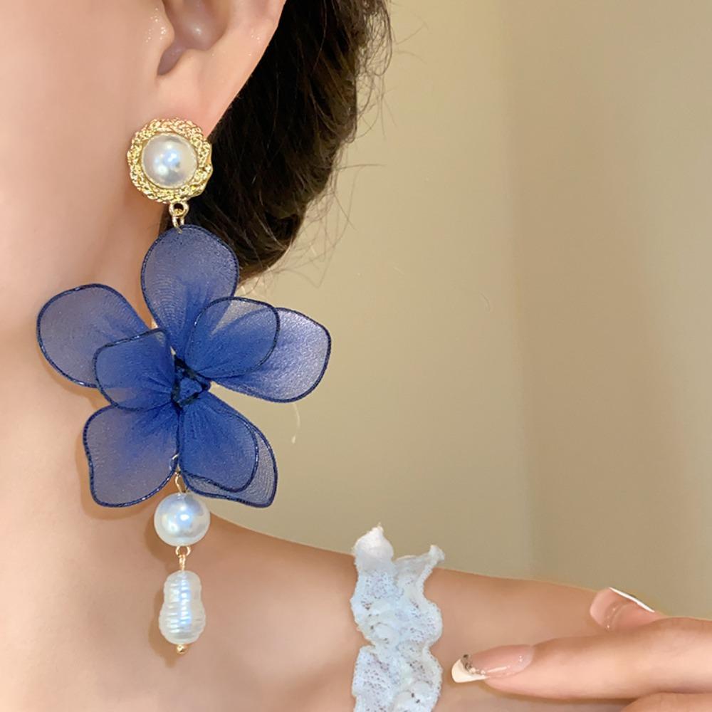 Sweet Beach Earrings Pearl Pedant Petals Stud Earrings Mesh Flower Dangle Earrings  Spring Summer