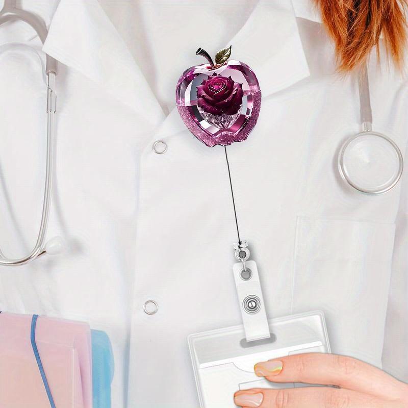 Elegant Flower Apple Badge Clip - 2D Acrylic ID Card Holder for Nurses, Teachers, and Office Staff.
