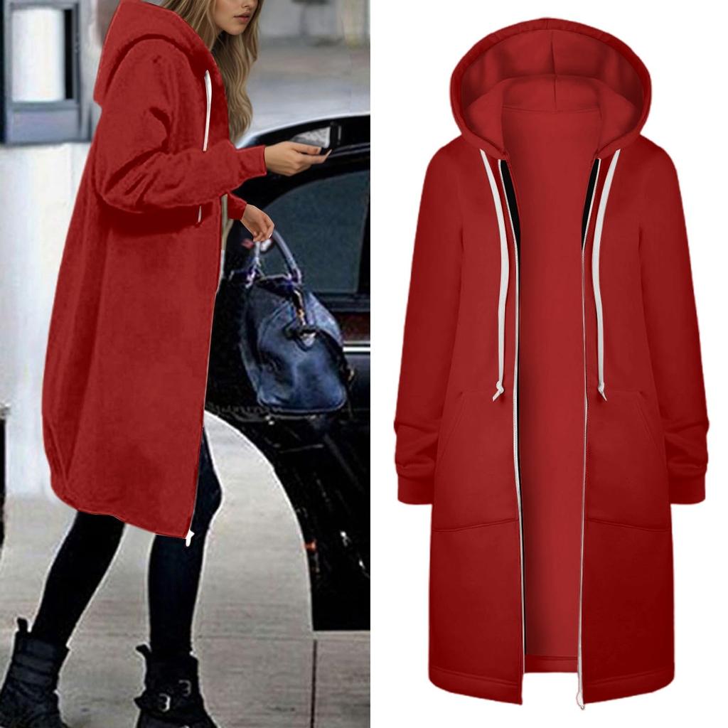 Women's Fashionable Solid Color Long Sleeved Pocket Long Hoodies Zipper Casual Coat Fall Jackets Sweatshirts Clothes