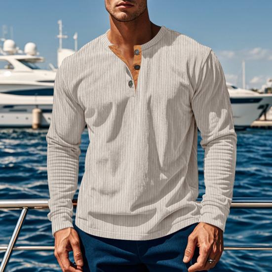 Men Long Sleeve T-Shirt Corduroy Solid Color Spring And Autumn T-Shirt Casual Henry Collar Slim Fit Tee for Daily Wear Travel Office