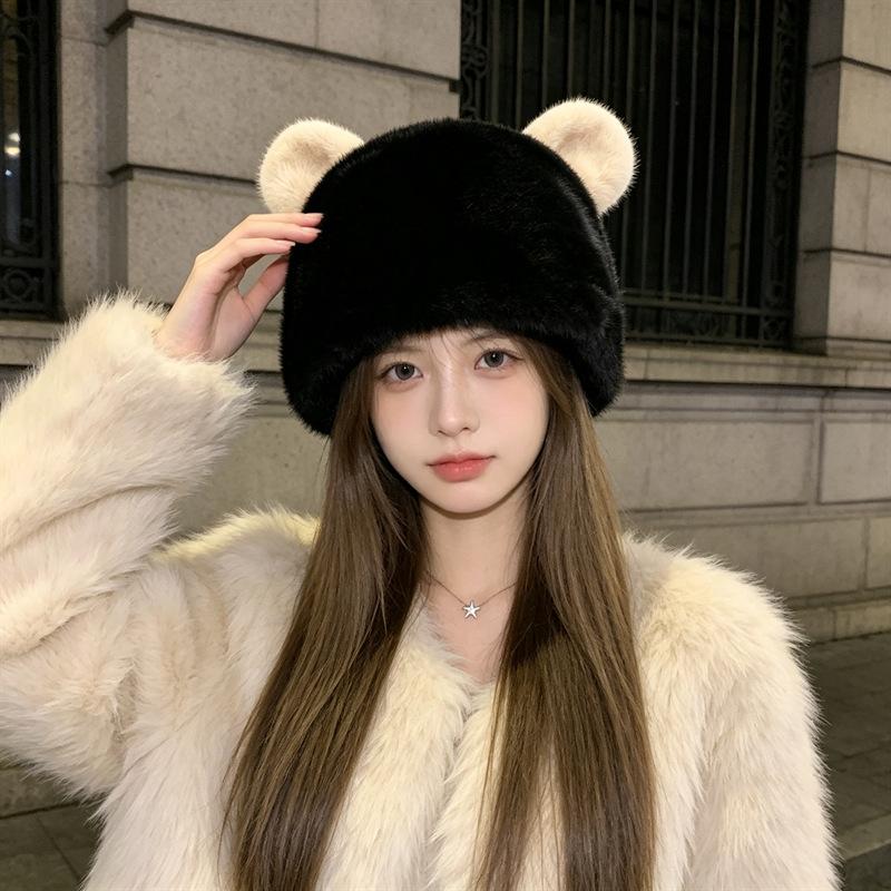 New Internet Celebrity Hat Female Autumn and Winter Mink Fashion Versatile Plush Cute Bear Ears Show Face Small Bucket Hat