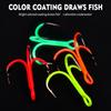 Glow-in-the-Dark Fluorescent Treble Hooks with Colored Reinforced Hair Ties and Three-Prong Design.