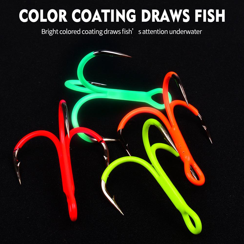 Glow-in-the-Dark Fluorescent Treble Hooks with Colored Reinforced Hair Ties and Three-Prong Design.
