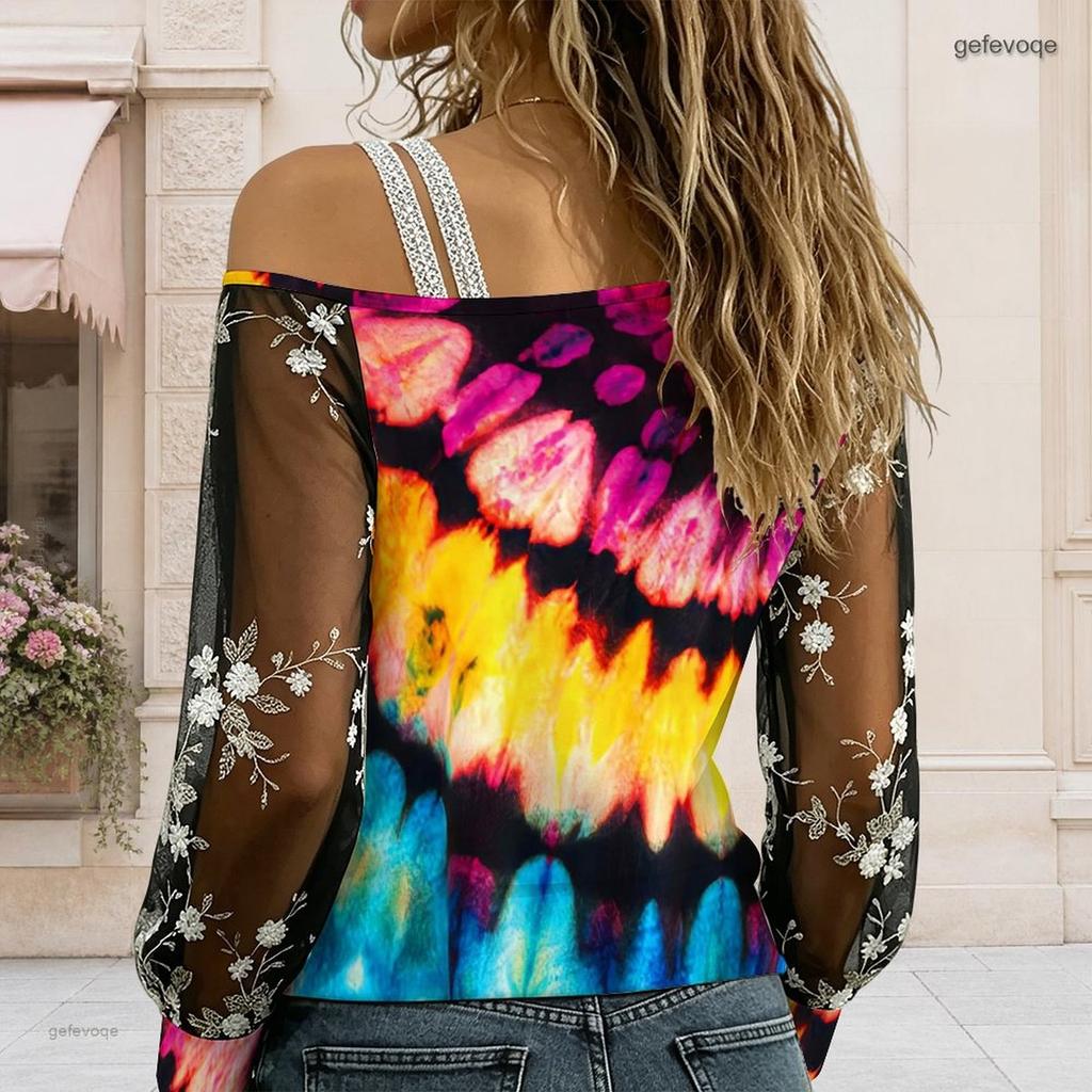 Plus Size Women Slanted Shoulder Long Sleeve Top Boho Abstract Floral Print Mesh Lace Splicing Blouse