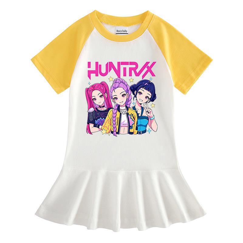 Girls' Cartoon Color Block Raglan Dress with Pleated Ruffle Skirt
