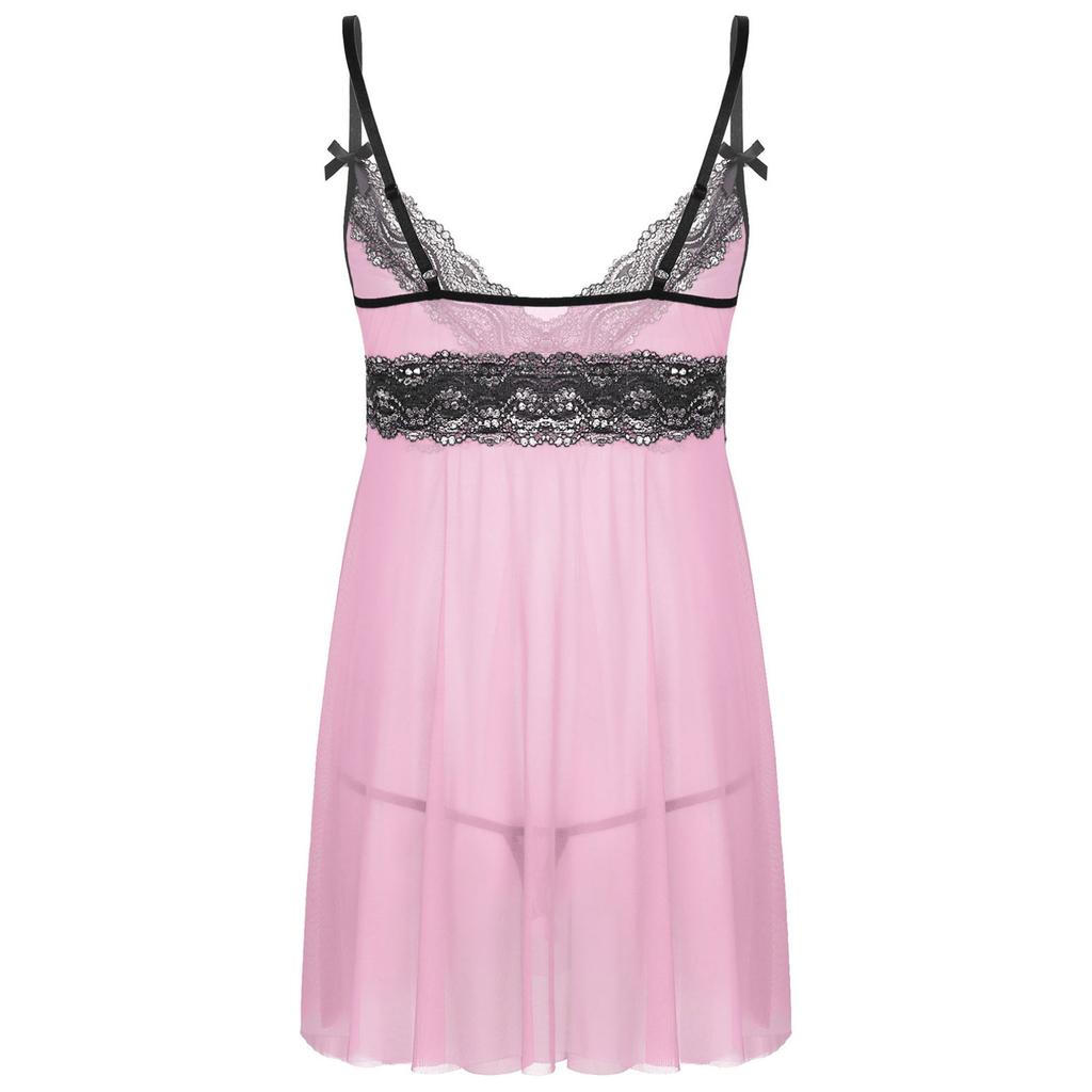 Mens Sissy Lingerie Pajamas Outfits See Through Lace Mini Dress with Thong Teddy Chemise Babydoll