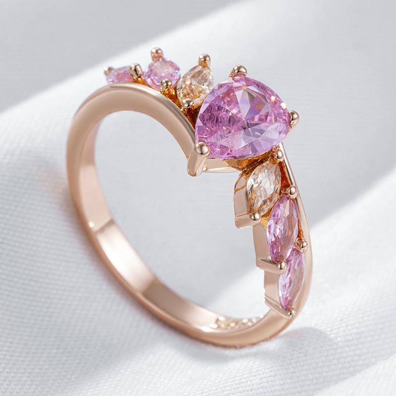 Luxury  Rose Gold Color Ring For Women Shiny Pink Natural Zircon Accessories Daily Fine Jewelry Best Gift
