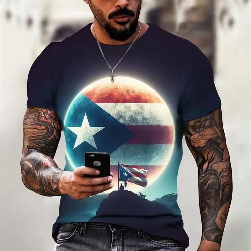 Summer Round Neck Puerto Rico Flag Pattern 3D Print Top Fashionable Casual Short Sleeved Men's T-shirts