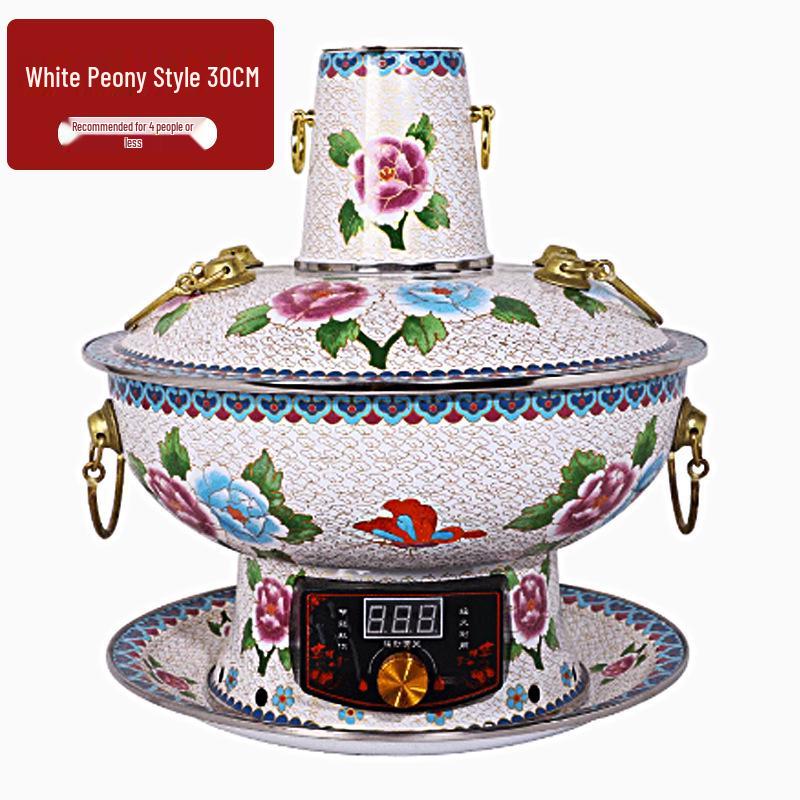 Jingtai Blue Pure Copper Electric Hot Pot - Classic Style Enamel Charcoal Double-sided Design 32 cm