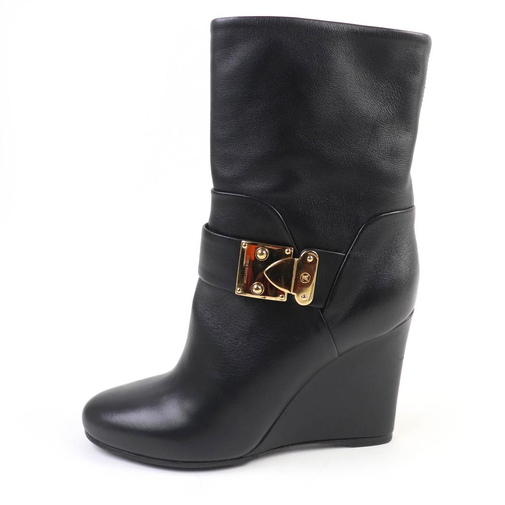Great LOUIS VUITTON Booties Buckle wedge leather short boots black leather 35 Used