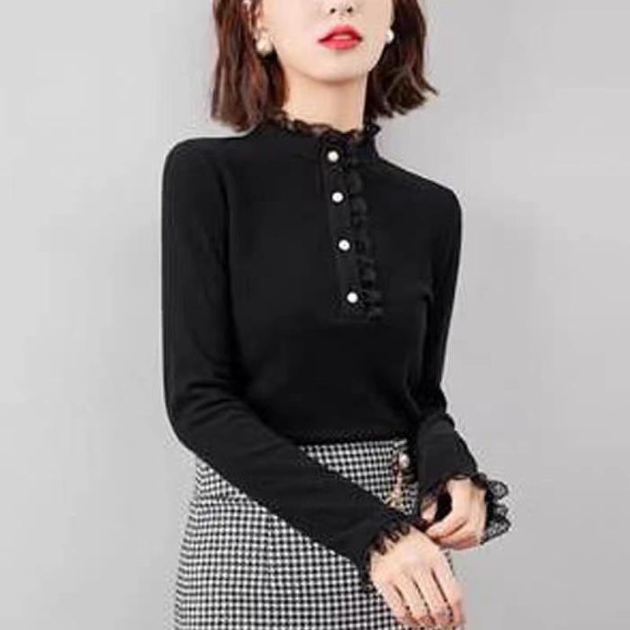 

Двусторонний флис с резьбой Осенне-зимняя базовая рубашка для женщин Новая стойка воротник Кружево Утолщенный С длинным рукавом Внутренний топ 2XL чёрный