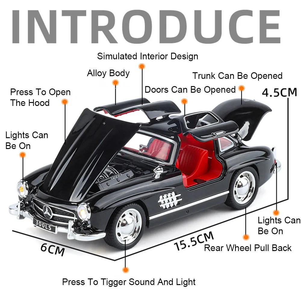 1:32 Scale Alloy 500K 300SL Cars Toys Diecast Models with Pull Back Light Music Miniature Vintage Car Kids Children's Day Gifts