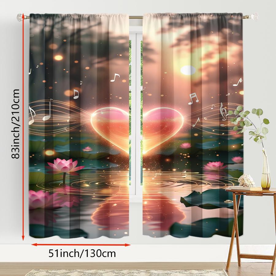 2PCS Lotus Pond Heart Rhyme Music Symbol Curtains   Sweet Wind   Bedroom and Living Room   Drawbar Pocket Decorative Curtains