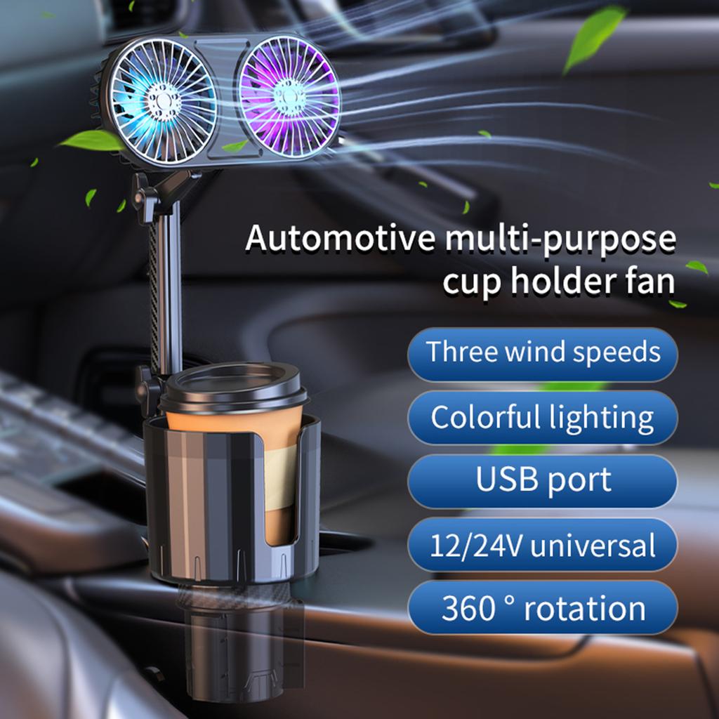 Ventilátor do auta Držák na nápoje se 3 rychlostmi Barevná světla, 12V 24V 360 stupňů Otočný USB napájený do vozidla