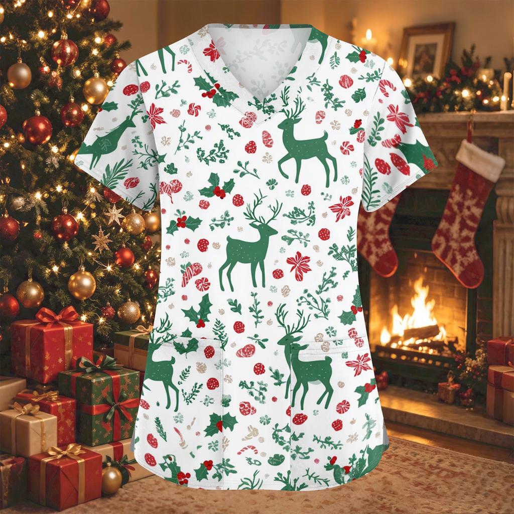 Women's Fashion Christmas Print V-Neck Short Sleeve Caregiver Work Top with Pockets
