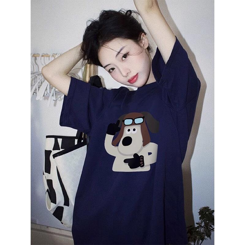 Pure cotton heavy design cartoon puppy short-sleeved t-shirt women's summer new niche trendy brand loose half-sleeved top