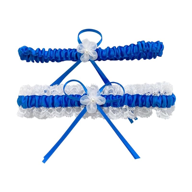 2Pcs Trimmed Lace Bowknot Bridal Garters Set for Engagement Party Accessory Gift