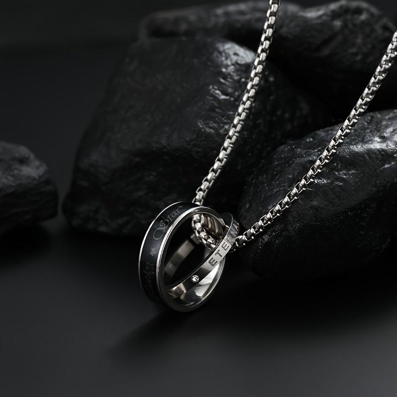 1pc Stainless Steel Double Ring Pendant Necklace, All-match Men's Trendy Hip-hop Simple Ring Pendant Necklace