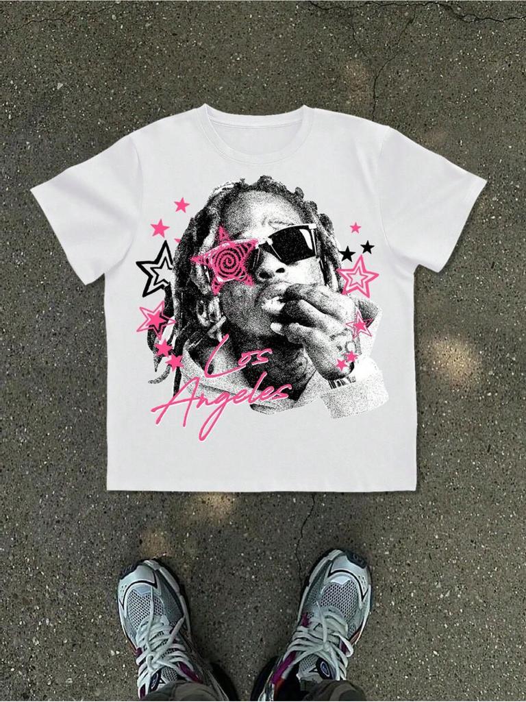 Retro Hip Hopowa Gwiazda I Portret Graficzny T-shirt Dla Unisex Wykonany ze 100% Bawełny Idealny Na Lato Streetwear I Codzienne Miejskie Stylizacje