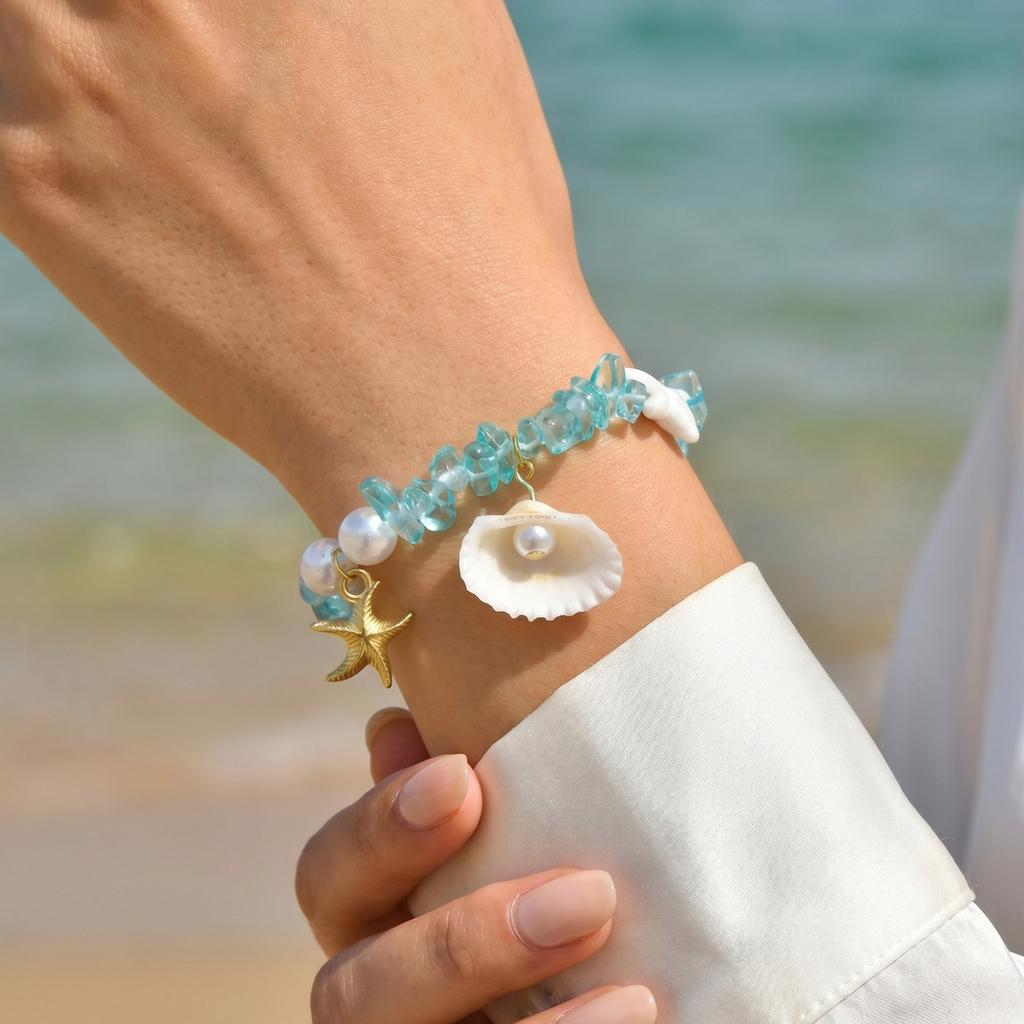 Starfish Shell Crushed Stones Pearl Beads Bracelet for Women, Gold Color Summer Beach Aesthetic Jewelry